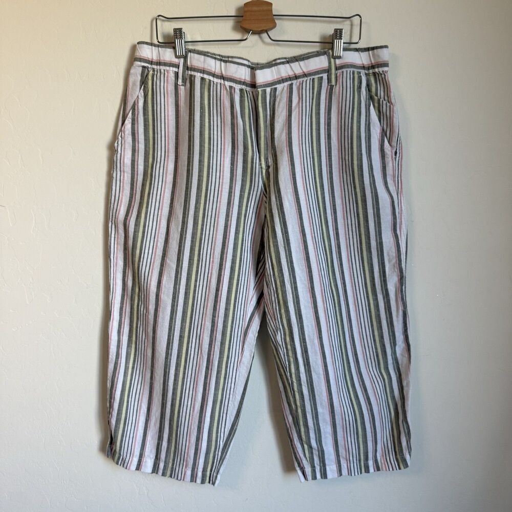 Linen Blend LG Striped Crop Wide Leg Pants Coastal Lagenlook Comfort Breathable